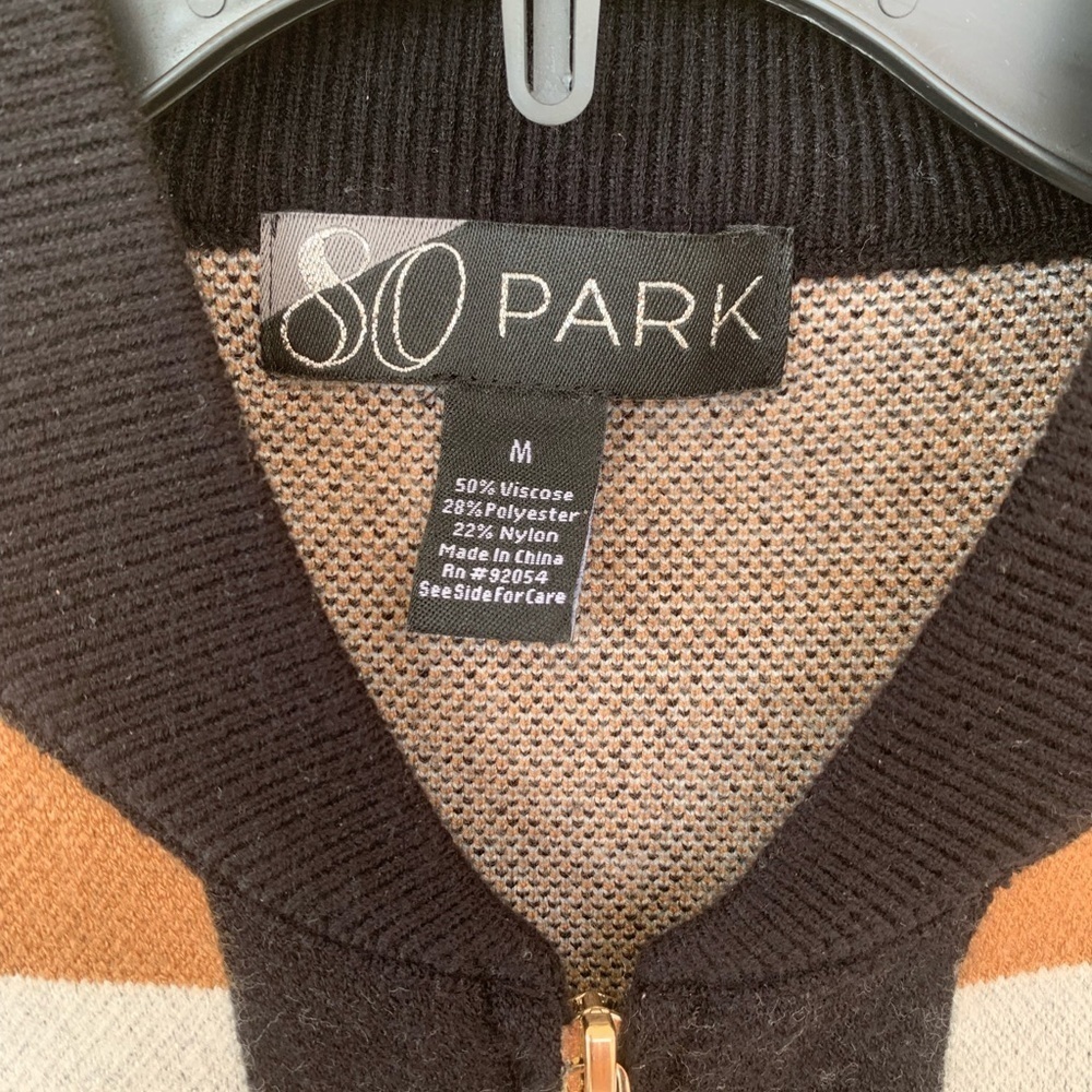 Striped Tan and Black Zip-Up Women’s Sweater - Picture 2 of 6